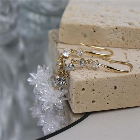 Snowflake Crystal Dangle Earrings | 14K Gold Plated Winter CZ Drop Earrings - Picture 4 of 7